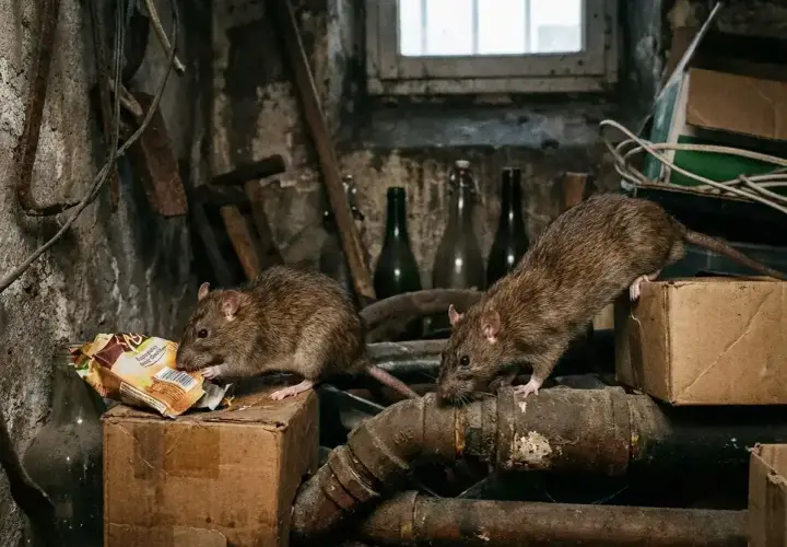 Deux rats fouillent dans des détritus dans une cave sombre. Un problème de rats que dit la loi ?