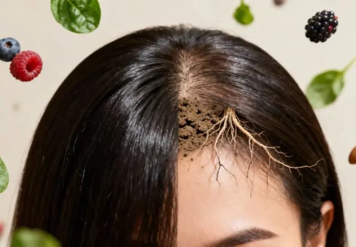 Haarwurzeln in Erde, umgeben von Beeren und Nüssen. Schwarzer Tee kann bei Haarausfall helfen.