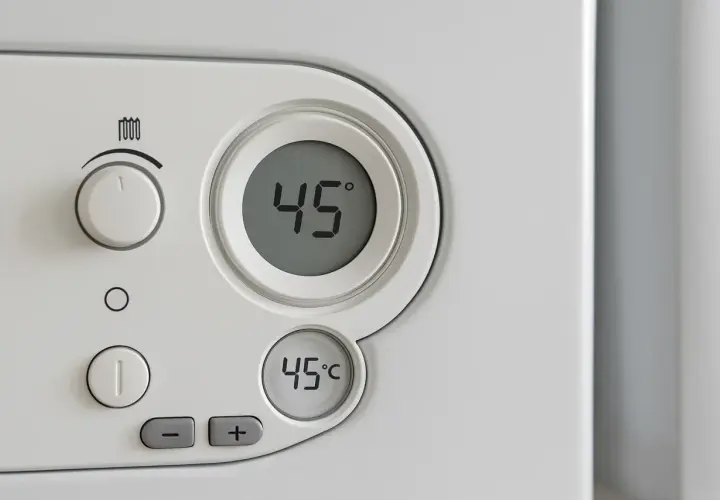 Panel sterowania pieca gazowego Chaffoteaux z wyświetlaczem temperatury 45°C i pokrętłem regulacji.