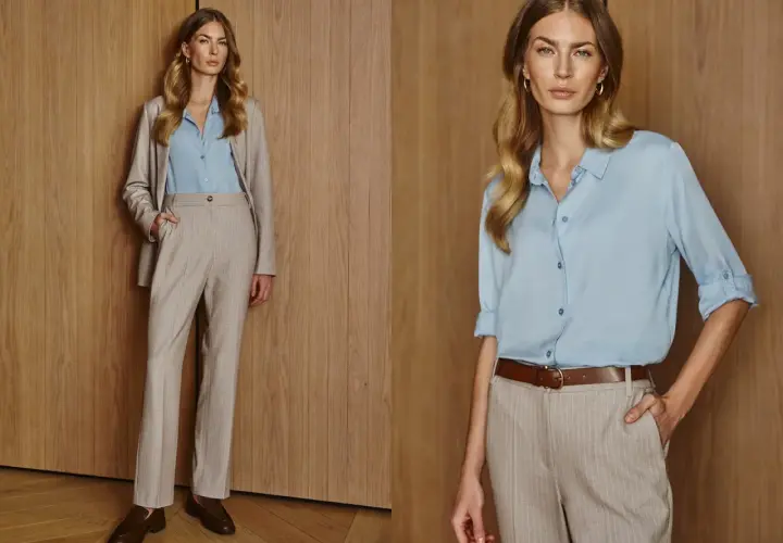 Elegancka stylizacja na spotkanie biznesowe: jasnoniebieska koszula, beżowy garnitur w prążki, brązowy pasek i mokasyny.