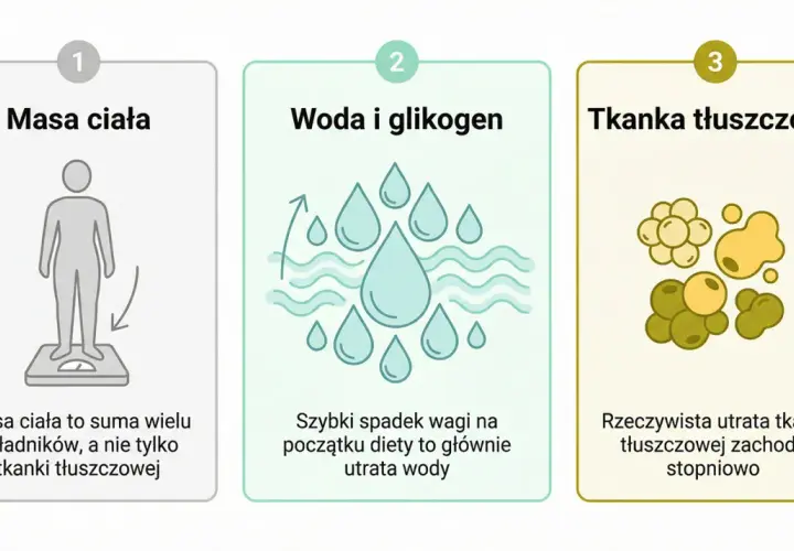Trzy etapy utraty wagi: masa ciała, woda i glikogen, tkanka tłuszczowa. Realna utrata tkanki tłuszczowej to proces stopniowy, a nie szybki spadek wagi.