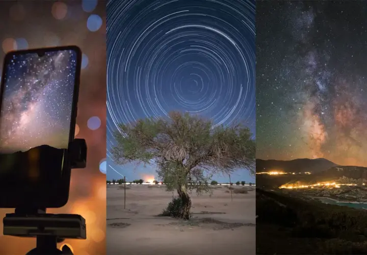 Niesamowita astrofotografia smartfonem: Droga Mleczna na ekranie, ślady gwiazd nad drzewem i rozgwieżdżone niebo nad jeziorem.