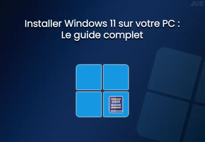 Guide complet pour installer Windows 11 sur votre PC. Le logo Windows 11 est affiché avec un livre "User Guide".