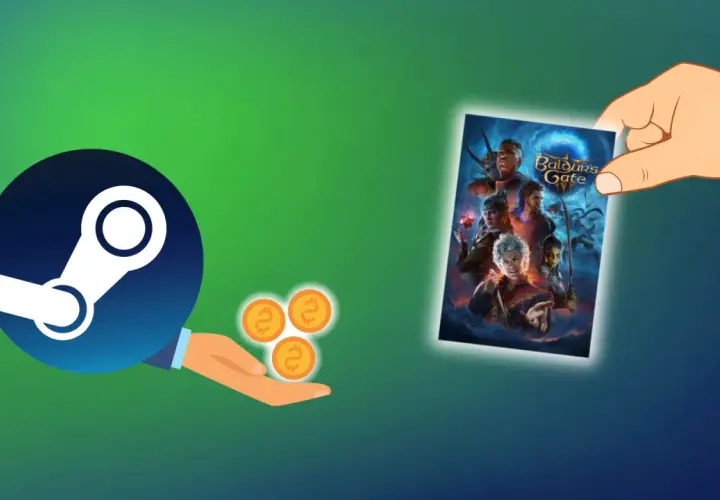 Ręka trzyma okładkę gry Baldur's Gate 3, a obok logo Steam i monety. Zastanawiasz się, ile trwa zwrot gry na Steam?