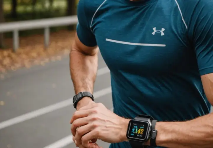Intensywny trening, tętno 200. Mężczyzna w sportowej koszulce sprawdza wyniki na smartwatchu podczas biegu.