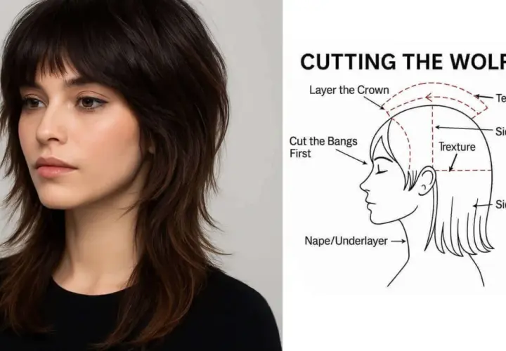 En kvinna med mörkt, uppklippt hår som visar en wolf cut. Bredvid finns en illustration som visar hur man klipper en wolf cut.