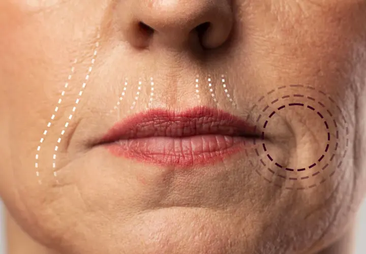 Primo piano del volto di una donna con linee tratteggiate che indicano le aree interessate da rughe naso labiali, suggerendo come eliminare le rughe naso labiali.