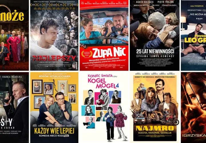 Plakaty filmowe: "Na noże", "Najlepszy", "Zupa nic", "25 lat niewinności", "Powodzenia Leo Grande", "Pies w wymięsach", "Bogowie i sztuki kochania", "Koniec świata czyli Kogel Mogel 4", "Najmro. Kocha, kradnie, szanuje", "Igrzyska śmierci". Jaki fajny ...
