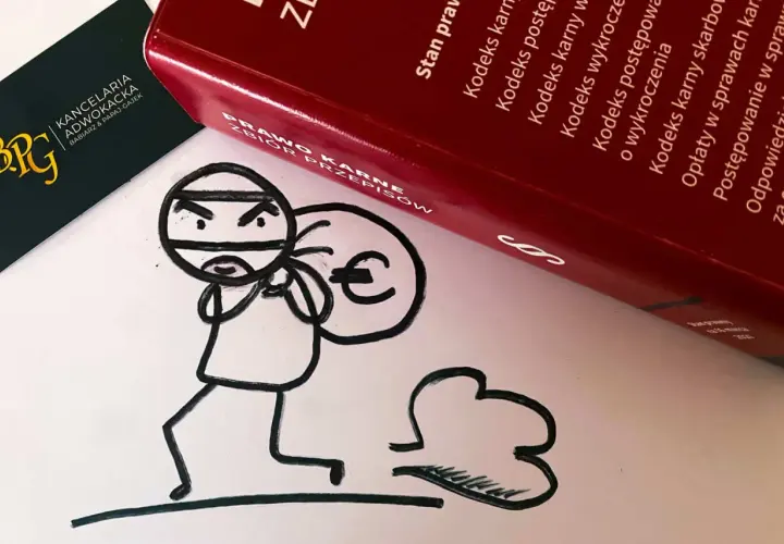 Rysunek złodzieja z workiem pieniędzy i czerwona księga z napisem "Prawo karne".