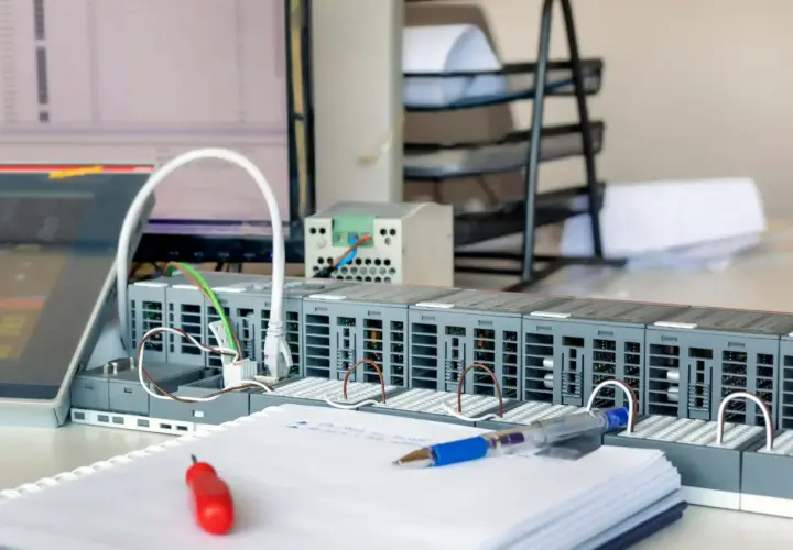 Moduły sterownika PLC, przewody i notatnik z długopisem. To serce systemu automatyki, gotowe do programowania.