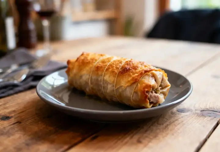 Une délicieuse crêpinette de porc dorée, enveloppée dans une pâte feuilletée croustillante, prête à être dégustée sur une assiette grise.