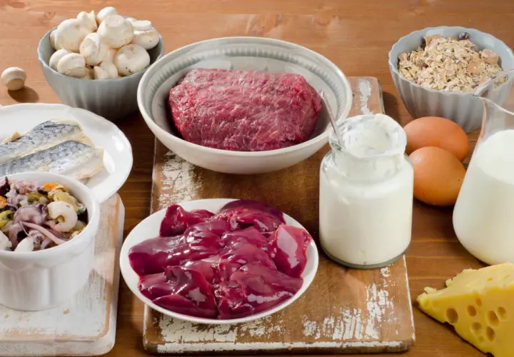 Lebensmittel reich an Vitamin B12, wichtig bei Morbus Meulengracht: Rindfleisch, Leber, Fisch, Eier, Milchprodukte, Pilze.