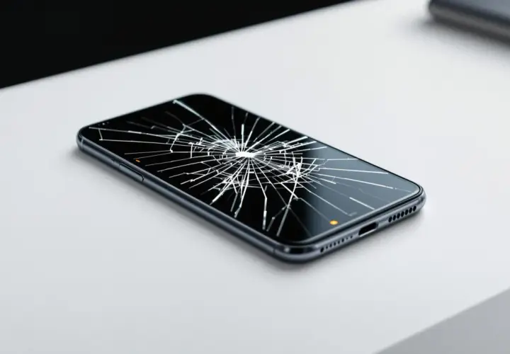 Telefon z pękniętym ekranem leżący na białej powierzchni.