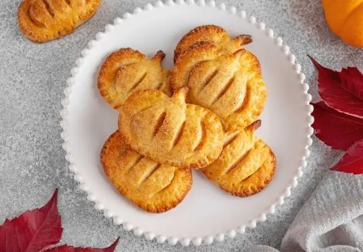 Deliciosos hojaldres de calabaza con forma de calabaza, espolvoreados con azúcar y canela, sobre un plato blanco festoneado.