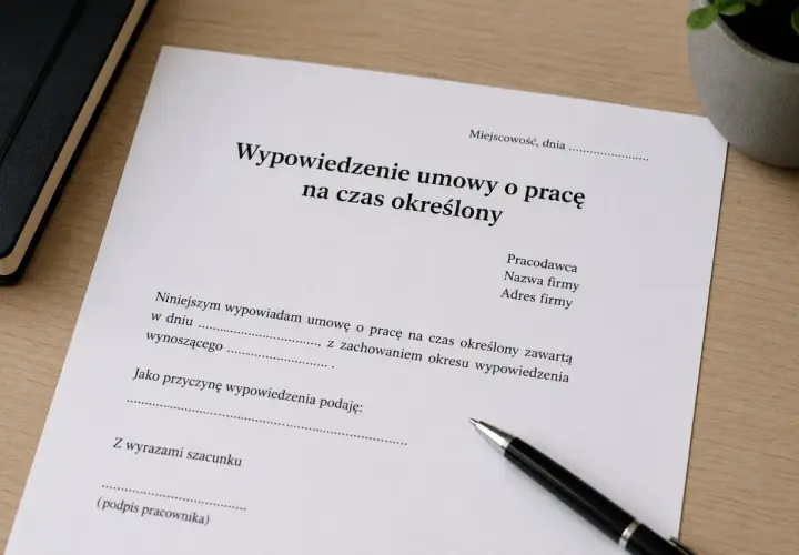 Dokument "Wypowiedzenie umowy o pracę na czas określony" leży na biurku obok długopisu.