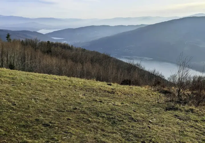 Widok na jezioro i góry w Beskidzie Małym. Na pierwszym planie trawiasty stok, dalej las liściasty i iglasty, a w oddali łagodne, zamglone pasma górskie.