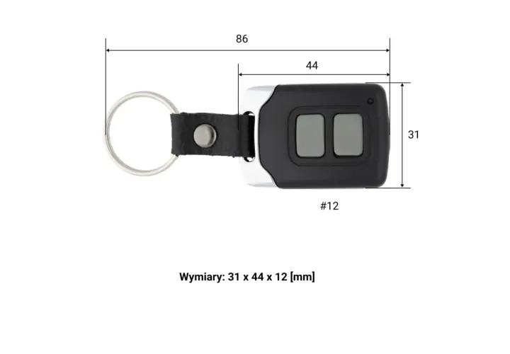 Kompaktowy pilot Somfy io z dwoma szarymi przyciskami, na breloczku. Wymiary: 31x44x12 mm.