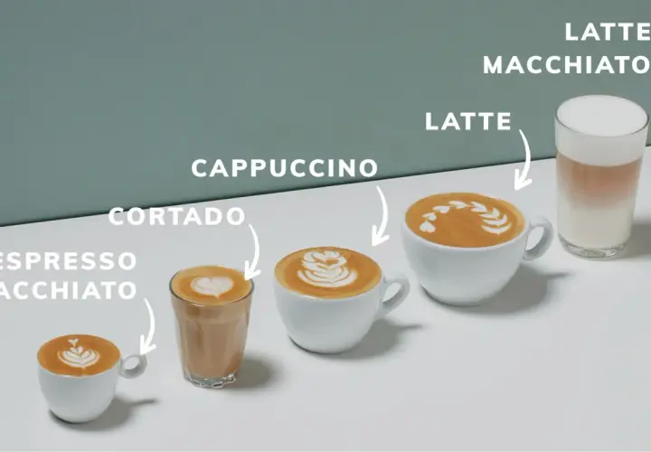 Kaffee-Variationen: Espresso Macchiato, Cortado, Cappuccino, Latte und Latte Macchiato. Der Unterschied zwischen Cappuccino und Latte wird hier visuell erklärt.