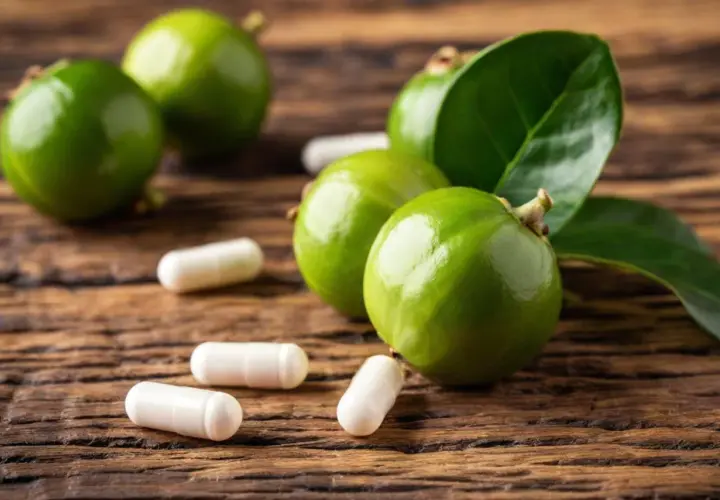 Frutti verdi di garcinia cambogia e capsule su legno.
