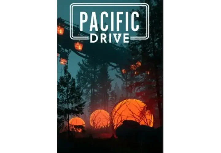 Nocny las, tajemnicze, świecące kule i wiszące lampy. Logo "PACIFIC DRIVE" nad drzewami.