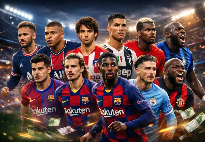 Gwiazdy futbolu w barwach klubowych, symbolizujące najdroższy transfer w historii piłki nożnej.