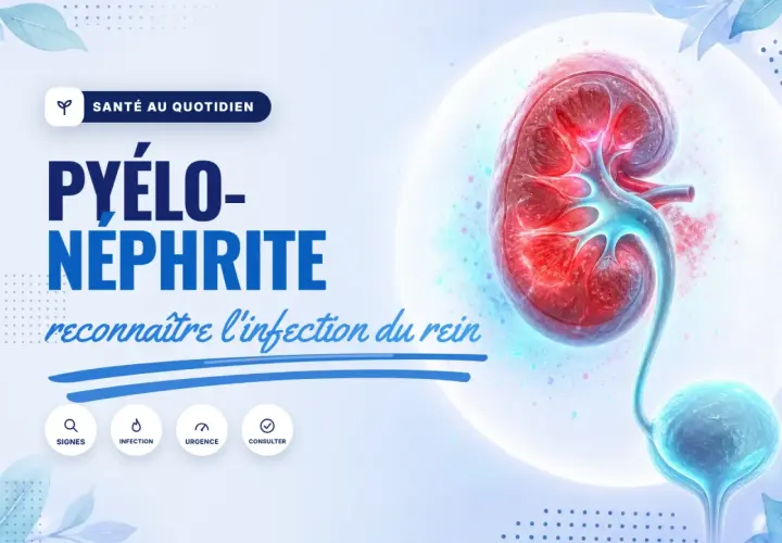 Pyélonéphrite : reconnaître l'infection du rein. L'image montre un rein et une vessie, avec des icônes pour les signes, l'infection, l'urgence et la consultation.