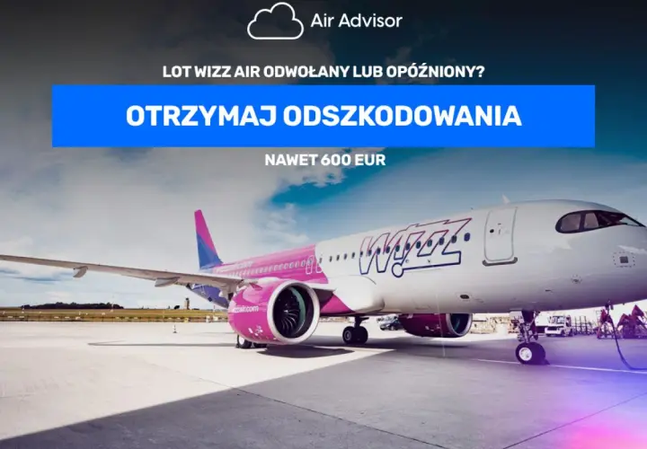 Lot Wizz Air odwołany lub opóźniony? Dowiedz się, jak złożyć wniosek o odszkodowanie Wizzair i otrzymaj nawet 600 EUR. Samolot na płycie lotniska.