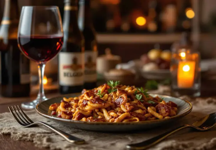 Un plat de pâtes savoureux, garni de persil, avec un verre de vin rouge. Idéal pour accompagner votre carbonade flamande.