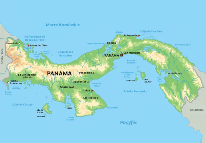 Mapa Panamy pokazuje jej położenie między Morzem Karaibskim a Pacyfikiem. Widoczne są miasta, wyspy i zatoki, w tym Archipelag Bocas del Toro.