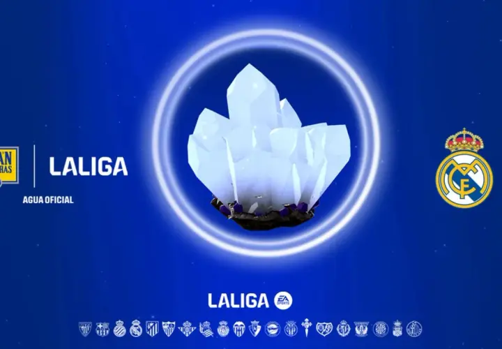 Cristal brillante rodeado por un aura luminosa, con el logo de Solán de Cabras y La Liga. Las propiedades del agua Solán de Cabras son tan puras como este cristal.