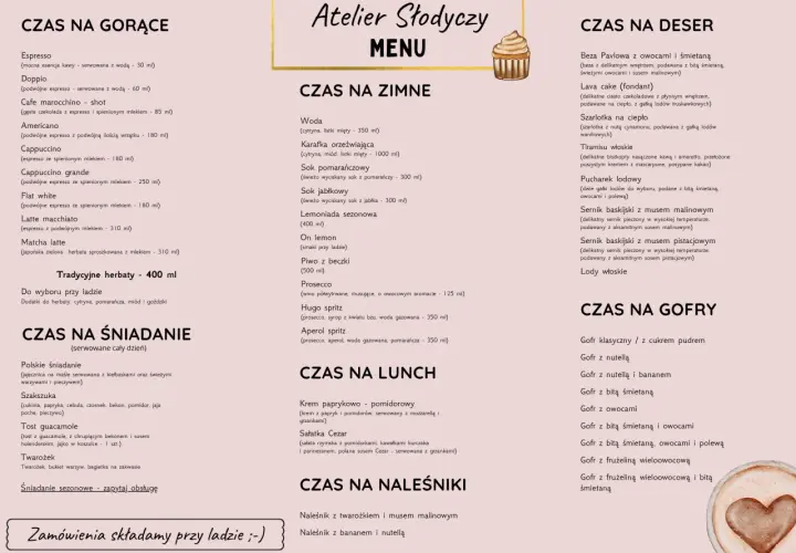 Menu kawiarni "Atelier Słodyczy" z napojami, deserami, śniadaniami i naleśnikami.