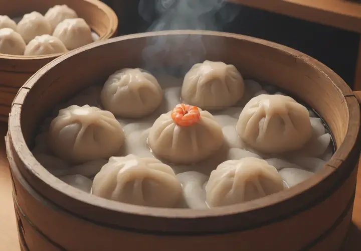 Parujące pierożki dim sum w bambusowym parowniku, jeden z krewetką na wierzchu.