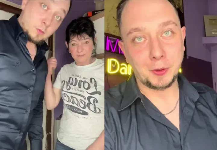 Goha z matką, w tle neonowy napis "Dance".