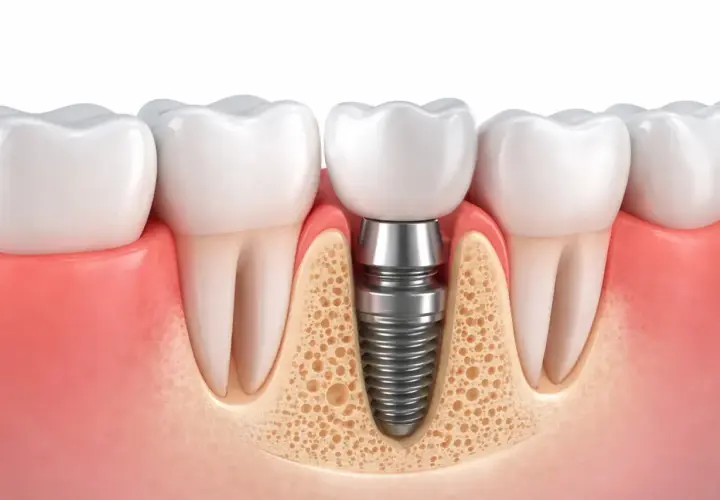 Sezione trasversale di denti con un impianto dentale inserito nell'osso mascellare, mostrando i diversi tipi di impianti dentali.