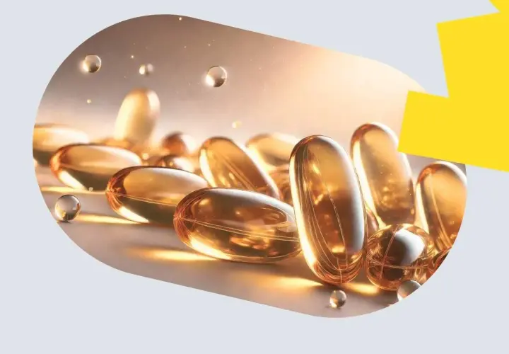Złote kapsułki omega-3 zarejestrowane jako lek pan tabletka, lśniące w świetle.