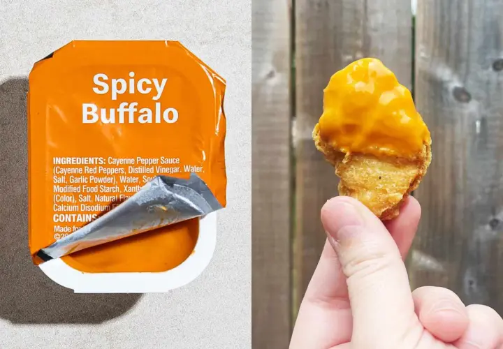 Sos Spicy Buffalo i nugget z serem. Idealne na przekąskę, gdy masz ochotę na 20 McNuggets kcal.