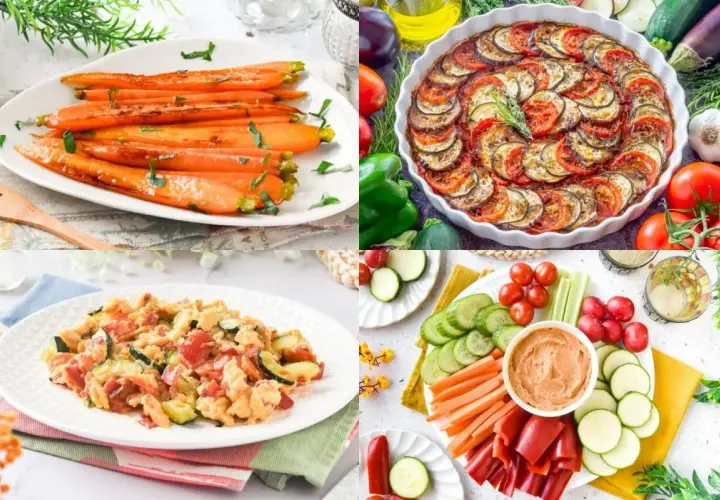Cuatro platos con deliciosas recetas de verduras: zanahorias glaseadas, ratatouille, revuelto y crudités con hummus.