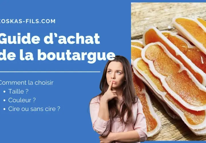 Guide d'achat de la boutargue : une femme réfléchit aux critères de choix (taille, couleur, cire). Gros plan sur des boutargues.