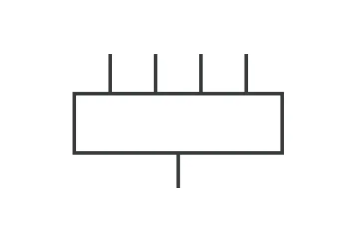 Symbol graficzny przewodu neutralnego: prostokąt z czterema liniami wychodzącymi z góry i jedną z dołu.