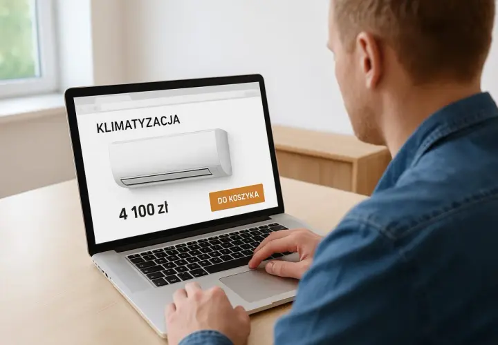Mężczyzna sprawdza na laptopie, ile kosztuje montaż klimatyzacji. Cena 4100 zł.