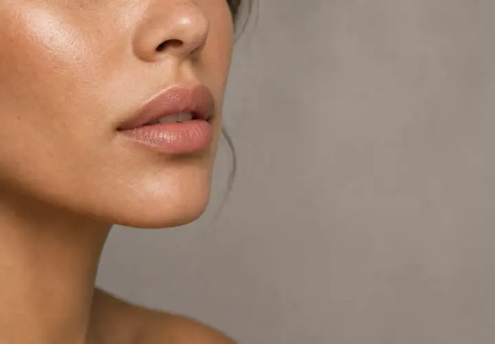 Naturligt fylliga läppar, kanske med hjälp av lip fillers, med en mjuk glans.