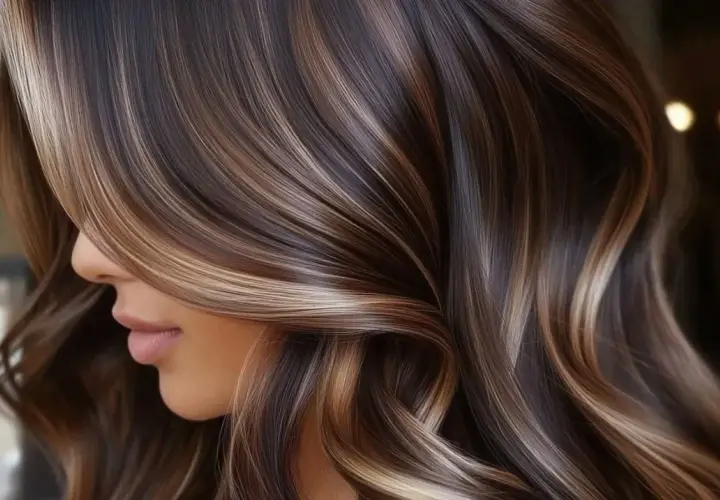 Cabello castaño con mechas melting que brillan como caramelo líquido.