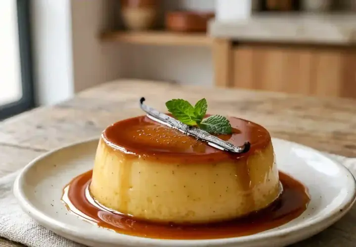 Un délicieux flan antillais, nappé de caramel et garni d'une gousse de vanille et de menthe.