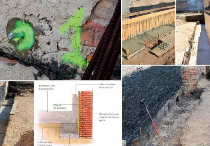 Budowa fundamentu przy istniejącym budynku: betonowanie, zbrojenie, dylatacja i przekrój ławy fundamentowej.