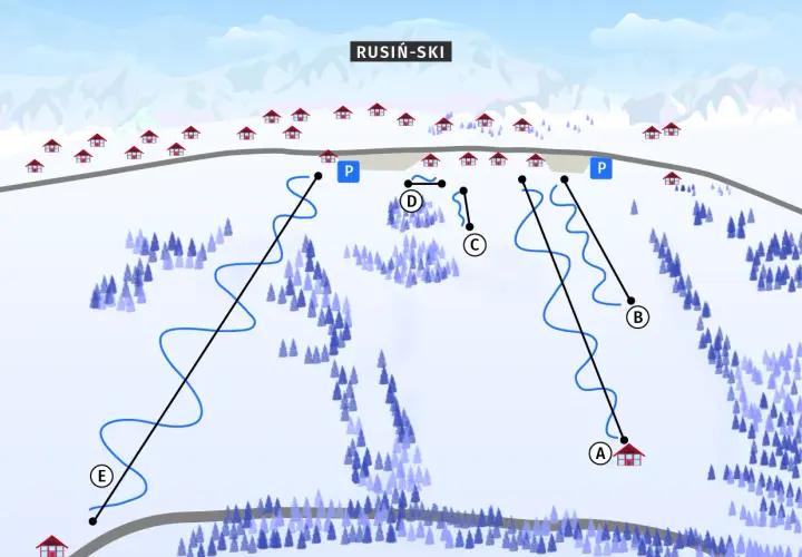 Mapa ośrodka Rusin-Ski w Bukowinie Tatrzańskiej. Widoczne wyciągi narciarskie, trasy, parkingi i domki.