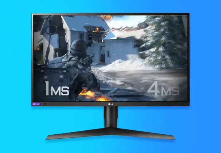 LG Gaming Monitor mit 1ms und 4ms Reaktionszeit, zeigt eine Szene aus einem Schneespiel.