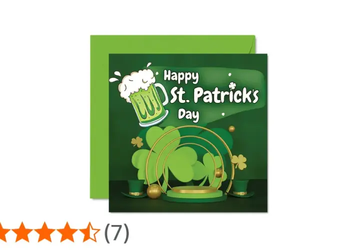 Biglietto verde per San Patrizio con boccale di birra, trifogli e cappelli. Frasi di auguri per la festa.