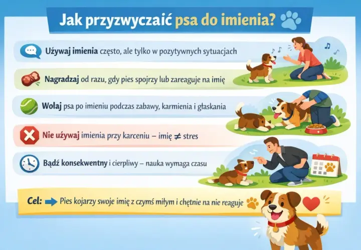 Ilustracja przedstawia wskazówki dotyczące przyzwyczajania psa do imienia, z przykładami interakcji z psami i ludźmi.