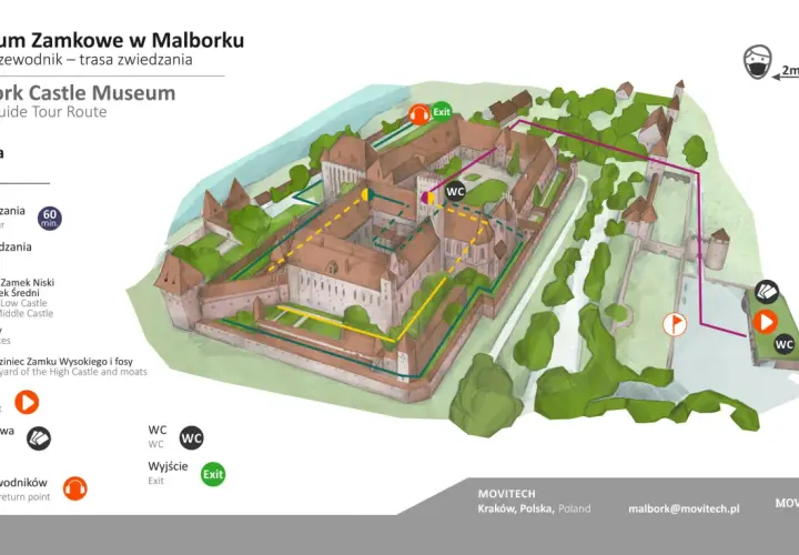 Mapa trasy zwiedzania zamku w Malborku. Poznaj atrakcje i zaplanuj 60-minutową wycieczkę z audioprzewodnikiem.