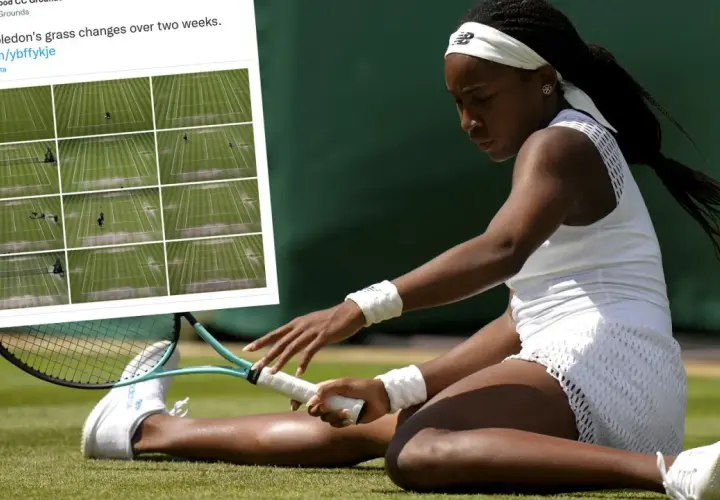 Tenis ziemny w Wimbledon, gdzie trawa zmienia się pod wpływem gry. Zawodniczka w białym stroju na zielonym korcie.